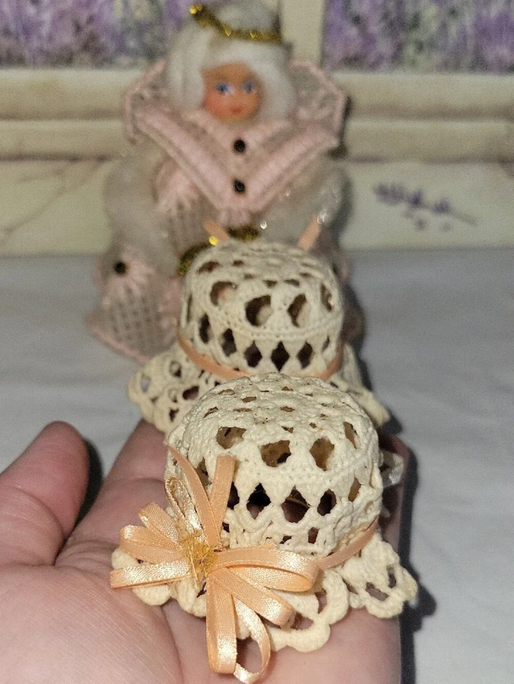 Vintage Handmade Plastic Canvas Angel & Crochet Bonnet Ornaments Bundle Lot 3pc